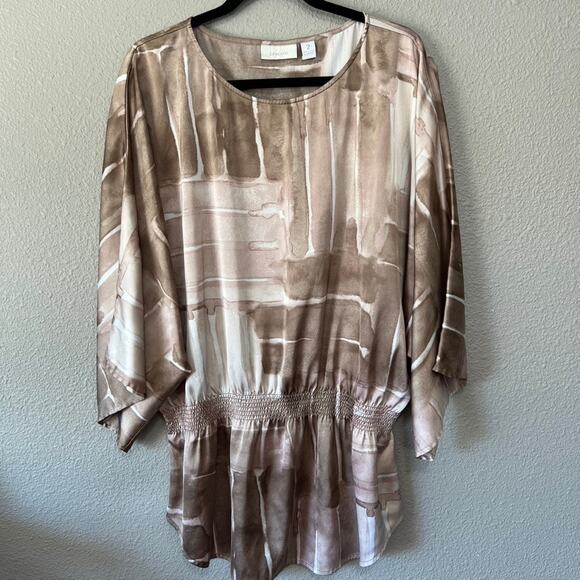 Chicos Neutral Watercolor Cinch Waist Longline Kimono Sleeve Womens Blouse 2 - Picture 1 of 6